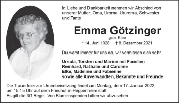 Traueranzeige von Emma Götzinger von vrm-trauer Bürstädter/Lamperth. Ztg/Starkenburger