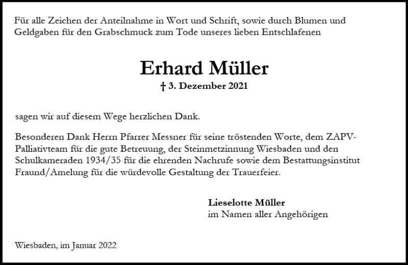  Traueranzeige für Erhard Müller vom 08.01.2022 aus vrm-trauer Wiesbadener Kurier