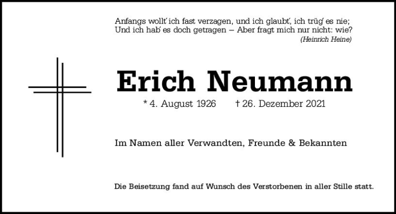  Traueranzeige für Erich Neumann vom 08.01.2022 aus vrm-trauer Wiesbadener Kurier
