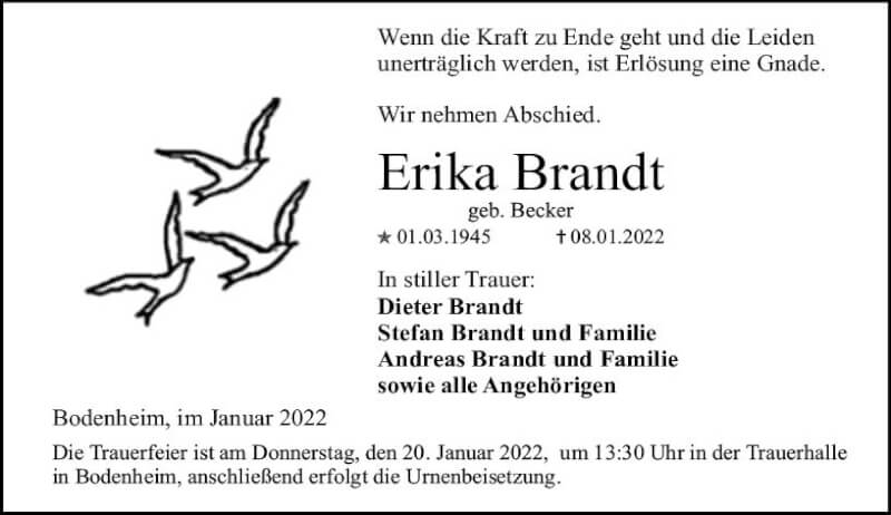  Traueranzeige für Erika Brandt vom 15.01.2022 aus vrm-trauer AZ Mainz