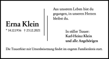 Traueranzeige von Erna Klein von vrm-trauer Darmstädter Echo