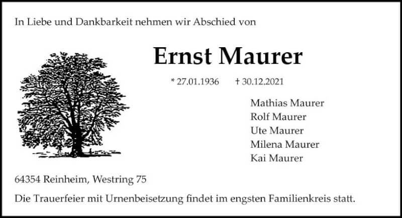  Traueranzeige für Ernst Maurer vom 15.01.2022 aus vrm-trauer Darmstädter Echo