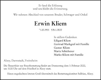 Traueranzeige von Erwin Kliem von vrm-trauer Allgemeine Zeitung Alzey