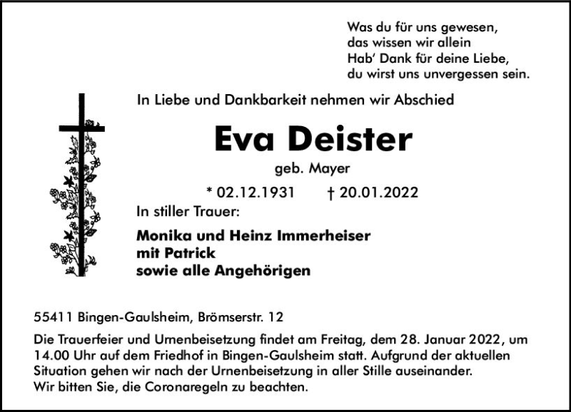  Traueranzeige für Eva Deister vom 27.01.2022 aus vrm-trauer Allgemeine  Zeitung Ingelheim-Bingen
