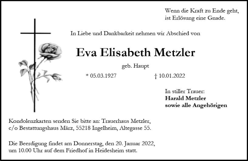  Traueranzeige für Eva Elisabeth Metzler vom 18.01.2022 aus vrm-trauer Allgemeine  Zeitung Ingelheim-Bingen