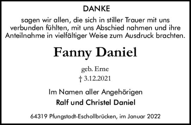  Traueranzeige für Fanny Daniel vom 08.01.2022 aus vrm-trauer Darmstädter Echo