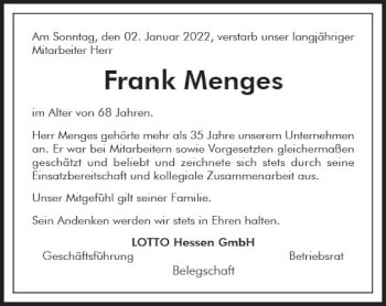 Traueranzeige von Frank Menges von vrm-trauer Wiesbadener Kurier