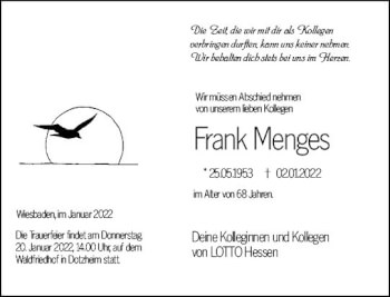 Traueranzeige von Frank Menges von vrm-trauer Wiesbadener Kurier