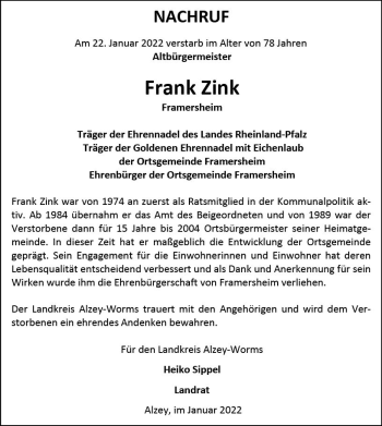 Traueranzeige von Frank Zink von vrm-trauer Allgemeine Zeitung Alzey