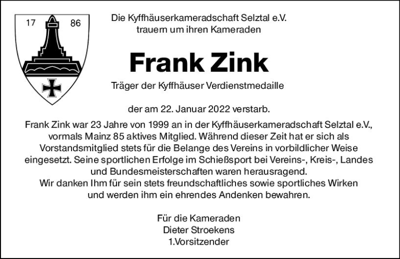  Traueranzeige für Frank Zink vom 28.01.2022 aus vrm-trauer Allgemeine Zeitung Alzey