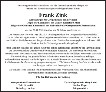Traueranzeige von Frank Zink von vrm-trauer Allgemeine Zeitung Alzey