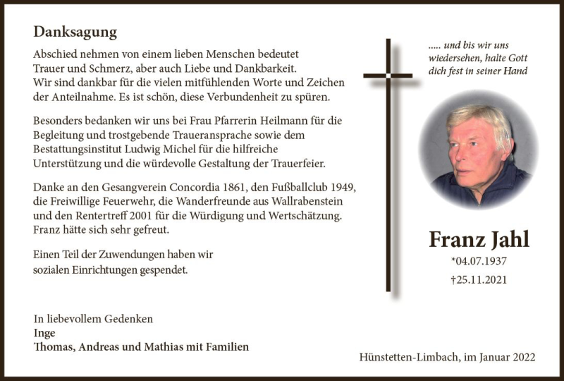  Traueranzeige für Franz Jahl vom 08.01.2022 aus vrm-trauer Wiesbadener Kurier