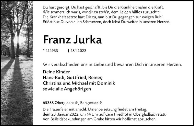  Traueranzeige für Franz Jurka vom 22.01.2022 aus vrm-trauer WK-UTA