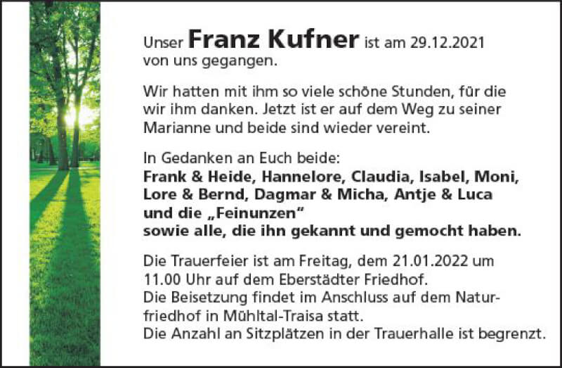  Traueranzeige für Franz Kufner vom 15.01.2022 aus vrm-trauer Darmstädter Echo