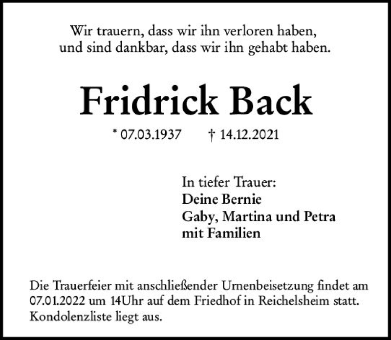  Traueranzeige für Fridrick Back vom 05.01.2022 aus vrm-trauer Odenwälder Echo