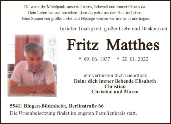 Traueranzeige von Fritz Matthes von vrm-trauer Allgemeine  Zeitung Ingelheim-Bingen