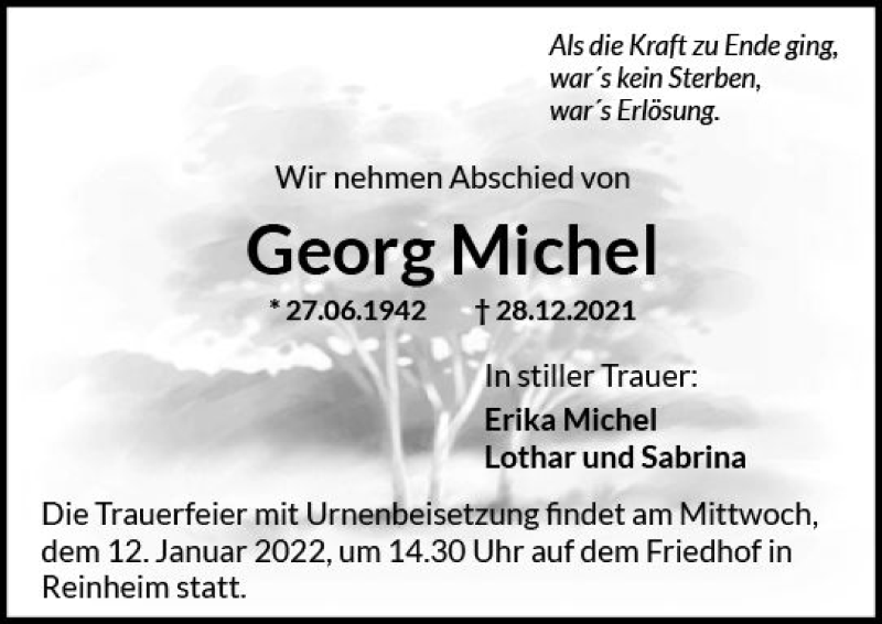  Traueranzeige für Georg Michel vom 08.01.2022 aus vrm-trauer Darmstädter Echo