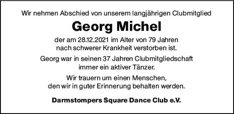  Traueranzeige für Georg Michel vom 08.01.2022 aus vrm-trauer Darmstädter Echo