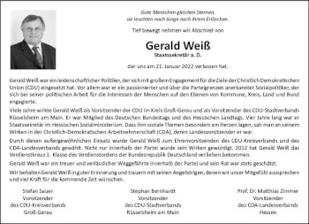 Traueranzeige von Gerald Weiß von vrm-trauer Rüsselsheimer Echo / MainSpitze