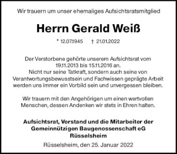 Traueranzeige von Gerald Weiß von vrm-trauer Rüsselsheimer Echo / MainSpitze
