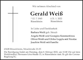Traueranzeige von Gerald Weiß von vrm-trauer Rüsselsheimer Echo / MainSpitze