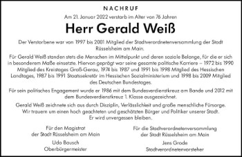 Traueranzeige von Gerald Weiß von vrm-trauer Rüsselsheimer Echo / MainSpitze