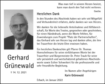 Traueranzeige von Gerhard Grünewald von vrm-trauer Odenwälder Echo