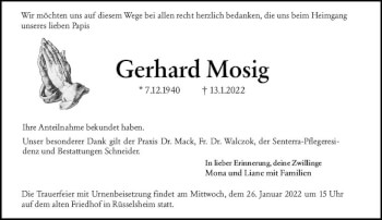 Traueranzeige von Gerhard Mosig von vrm-trauer Rüsselsheimer Echo / MainSpitze