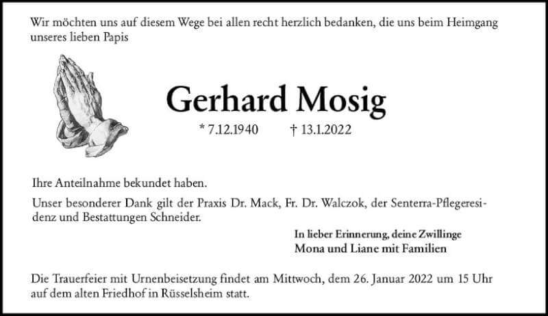  Traueranzeige für Gerhard Mosig vom 22.01.2022 aus vrm-trauer Rüsselsheimer Echo / MainSpitze