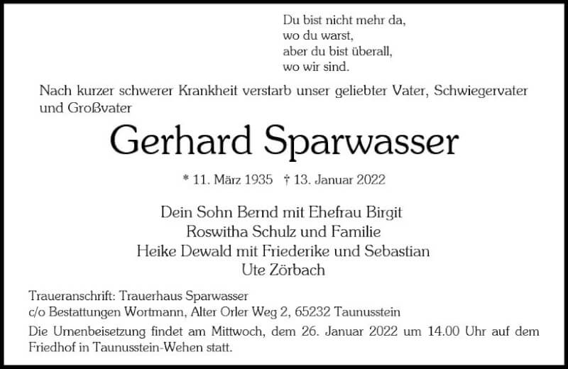  Traueranzeige für Gerhard Sparwasser vom 22.01.2022 aus vrm-trauer Wiesbadener Kurier