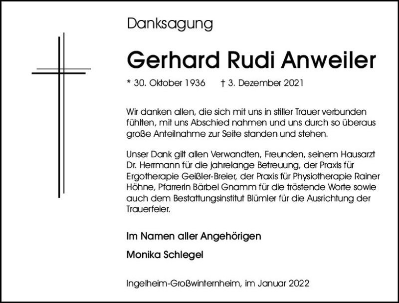  Traueranzeige für Gerhard Rudi Anweiler vom 08.01.2022 aus vrm-trauer Allgemeine  Zeitung Ingelheim-Bingen