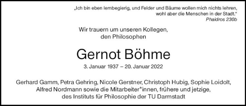  Traueranzeige für Gernot Böhme vom 29.01.2022 aus vrm-trauer Darmstädter Echo