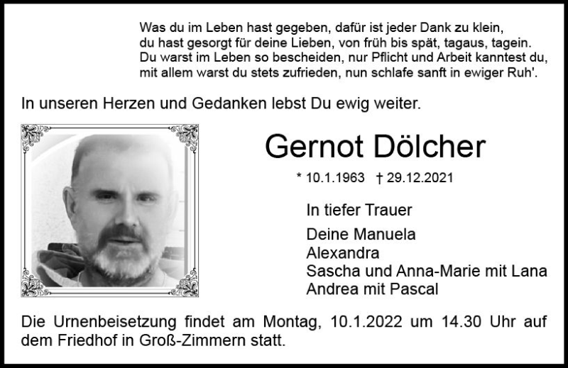  Traueranzeige für Gernot Dölcher vom 08.01.2022 aus vrm-trauer DieburgerAnzeiger/Groß-Zimmerner Lokala