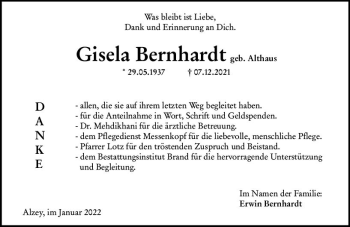 Traueranzeige von Gisela Bernhardt von vrm-trauer Allgemeine Zeitung Alzey