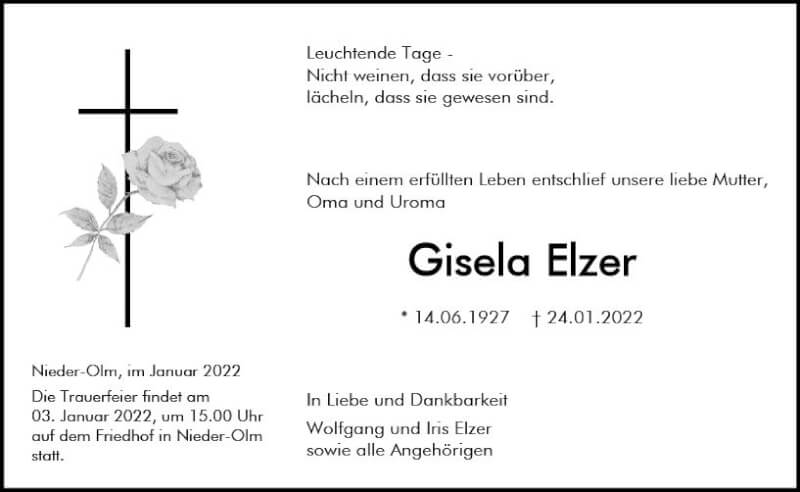  Traueranzeige für Gisela Elzer vom 29.01.2022 aus vrm-trauer AZ Mainz