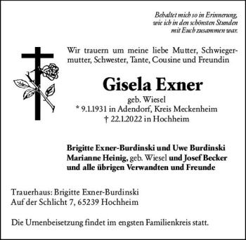 Traueranzeige von Gisela Exner von vrm-trauer Hochheimer Zeitung