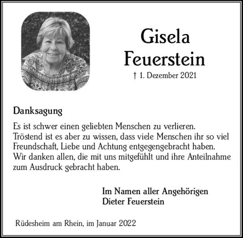 Traueranzeige für Gisela Feuerstein vom 08.01.2022 aus vrm-trauer Wiesbadener Kurier