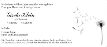 Traueranzeige von Gisela Klein von vrm-trauer Wiesbadener Kurier