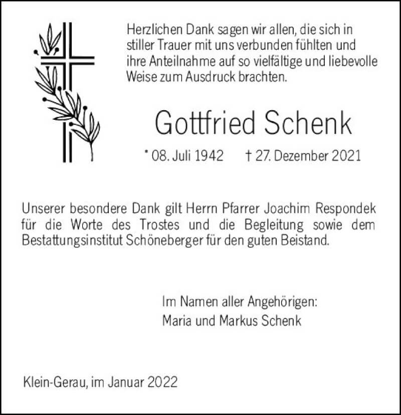  Traueranzeige für Gottfried Schenk vom 22.01.2022 aus vrm-trauer Groß-Gerauer Echo