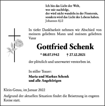 Traueranzeige von Gottfried Schenk von vrm-trauer Groß-Gerauer Echo