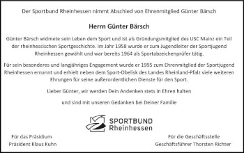 Traueranzeige von Günter Bärsch von vrm-trauer AZ Mainz