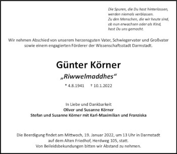 Traueranzeige von Günter Körner von vrm-trauer Darmstädter Echo
