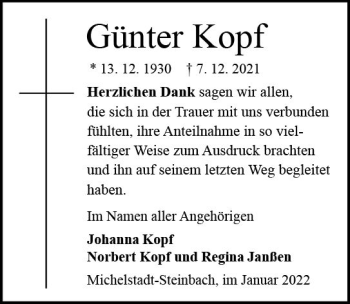 Traueranzeige von Günter Kopf von vrm-trauer Odenwälder Echo