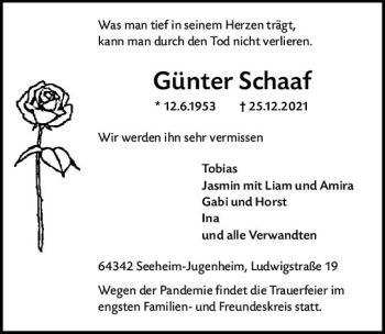 Traueranzeige von Günter Schaaf von vrm-trauer Darmstädter Echo