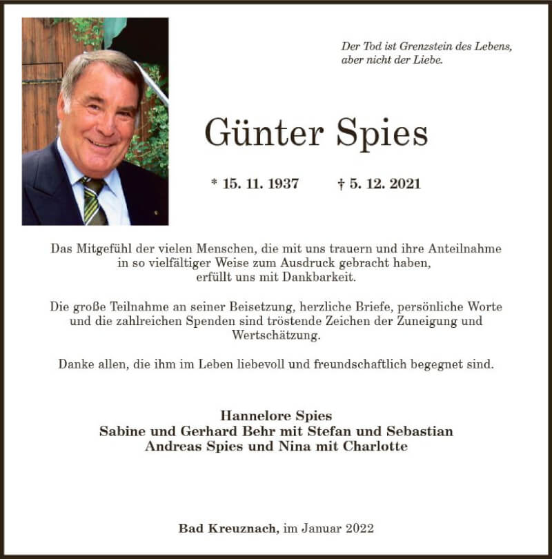  Traueranzeige für Günter Spies vom 22.01.2022 aus vrm-trauer Allg. Zeitung Bad Kreuznach