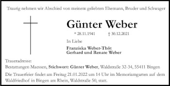 Traueranzeige von Günter Weber von vrm-trauer Allgemeine  Zeitung Ingelheim-Bingen