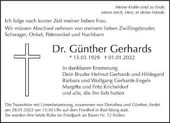 Traueranzeige von Günther Gerhards von vrm-trauer Odenwälder Echo
