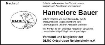 Traueranzeige von Hannelore Bauer von vrm-trauer Odenwälder Echo