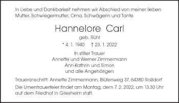 Traueranzeige von Hannelore Carl von vrm-trauer Darmstädter Echo
