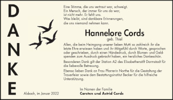 Traueranzeige von Hannelore Cords von vrm-trauer Bergsträßer Anzeiger